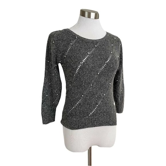 Vintage 80s Silk Angora Sweater Gray Tweed Open Knit Pearl Beaded Puff Sleeve - Picture 7 of 9